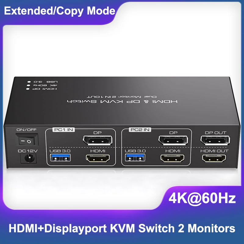 

4K@60Hz HDMI+Displayport KVM Switch 2 Monitors 2 Computers,Dual Monitor for 2 PC Share 2 Monitors and 4 USB 3.0 Ports