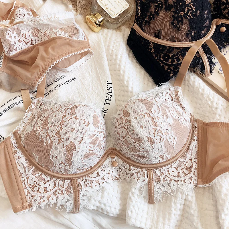 Lace sexy small chest gather lingerie no steel ring upper thin and lower thick underwear set women adjusting bra panty suit