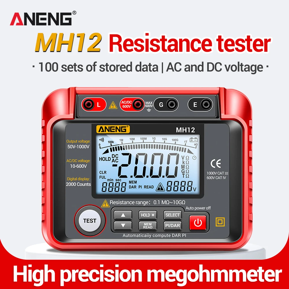 

ANENG MH12 Digital Megohmmeter | 50V-1000V High Precision Insulation Resistance Tester for Motors, Cables & Transformers