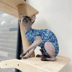 Thin Cotton Pajamas for Sphynx Cat Summer Cool Fabric 4-legged Vest for Kittens Soft Blue Sleeveless T-Shirt for Devon Rex