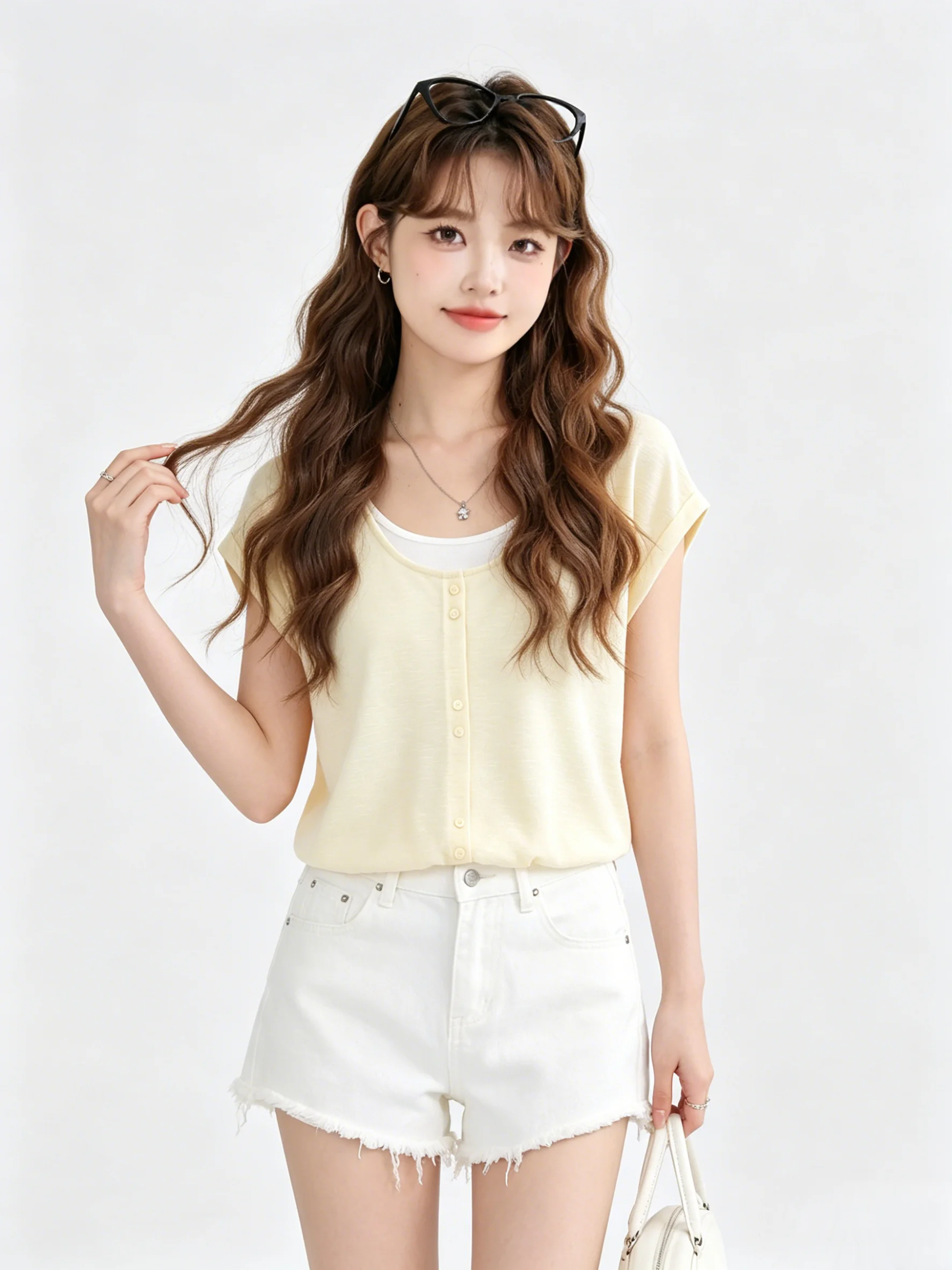 Fashionable Light Yellow Contrast Color Vintage Short Sleeve T-Shirt Breathable Skin-Friendly Slimming Short Length Summer Top
