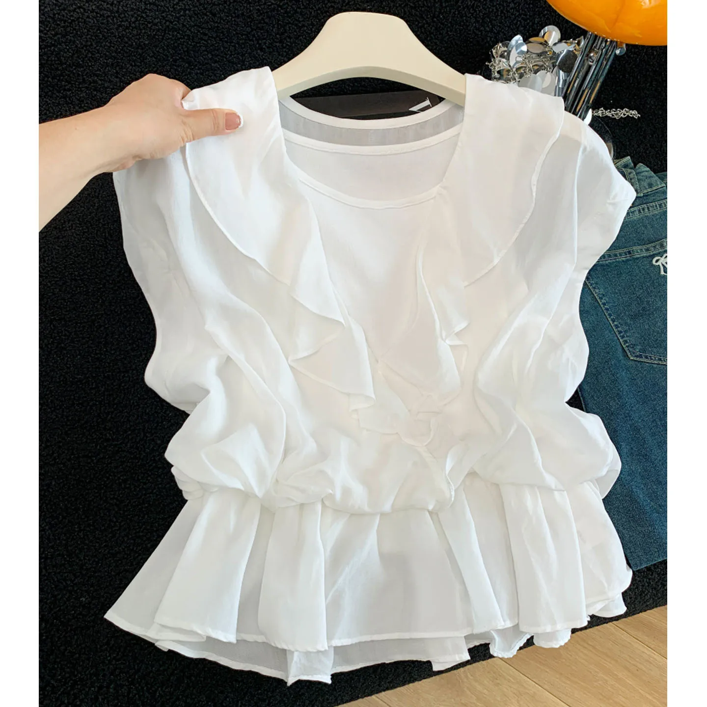 

Gentle Wind Color Block Short Sleeve Women's Top Slimming Design Beautiful Blouse Floral Lace Trim Fake Two-Piece Style Summe...