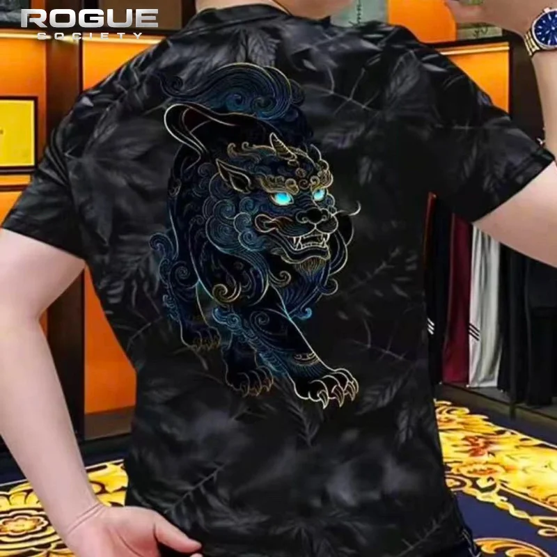Summer New Black Mythical Beast Print Tshirt Men Crew Neck Maple Leaf Korean Streetwear Y2k Short Sleeve Vintage Tops Harajuku