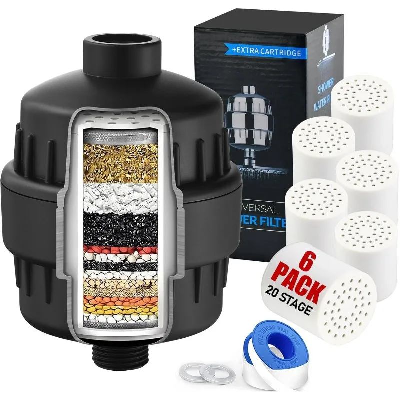 Matte Black Shower Head Filter with 6 Replacement Cartridges - 20 Stage Water Softener for Hard Water - Reduce Chlorine and Fluo