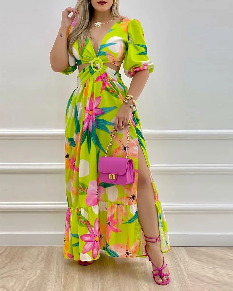 Vintage Tropical Print O-Ring Twist Slit coscia Maxi Dress donna 2022 Summer Fashion New Sexy Cutout manica corta abiti lunghi