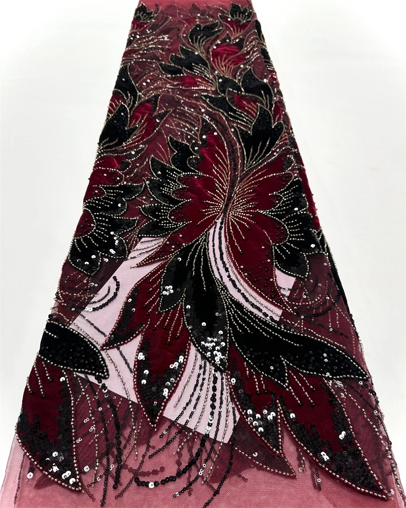 

African Beaded Lace Fabric Luxury French Velvet Mesh Sequined Embroidered for Party Evening Dress New Design