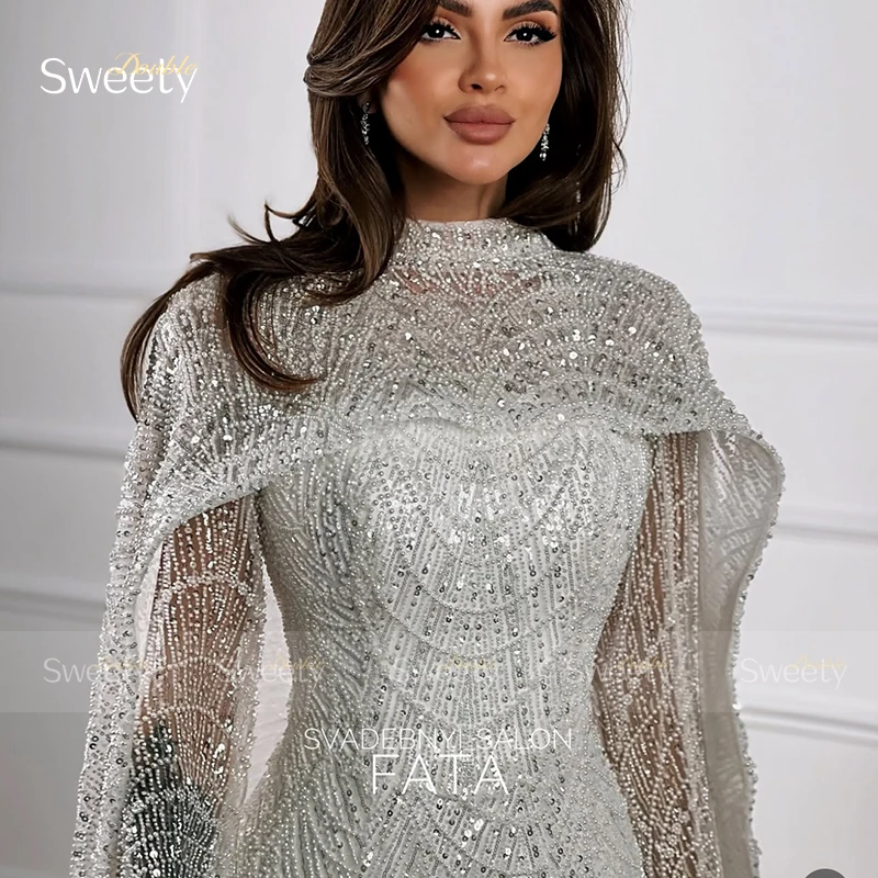 Luxuoso vestido de casamento sereia renda com miçangas vestido de baile gola alta manga cheia xale vestido de noiva personalizado novia