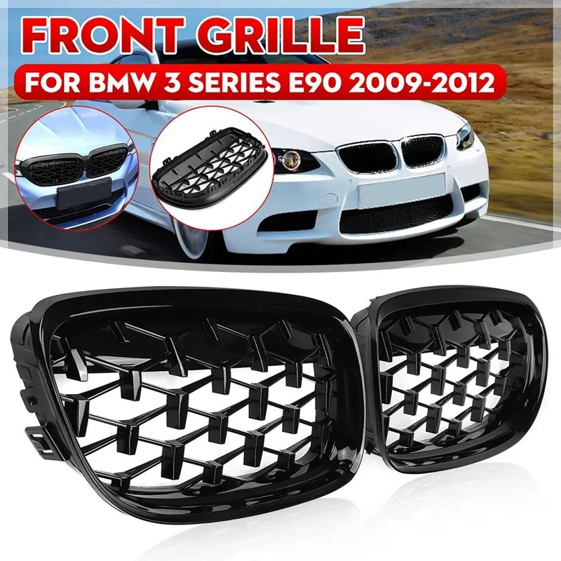 2Pcs Car Front Bumper Hood Kidney Grille Diamond Meteor Racing Grill Glossy Black For -BMW 3 Series E90 2009-2012