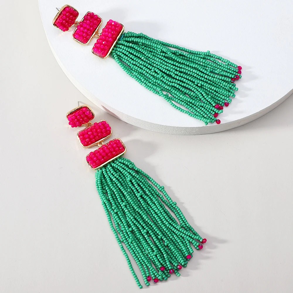 Ethnic Style Acrylic Beaded Tassel Chain Piercing Long Hanging Earrings For Women Boho Luxury Vintage Pendientes Party Jewelry