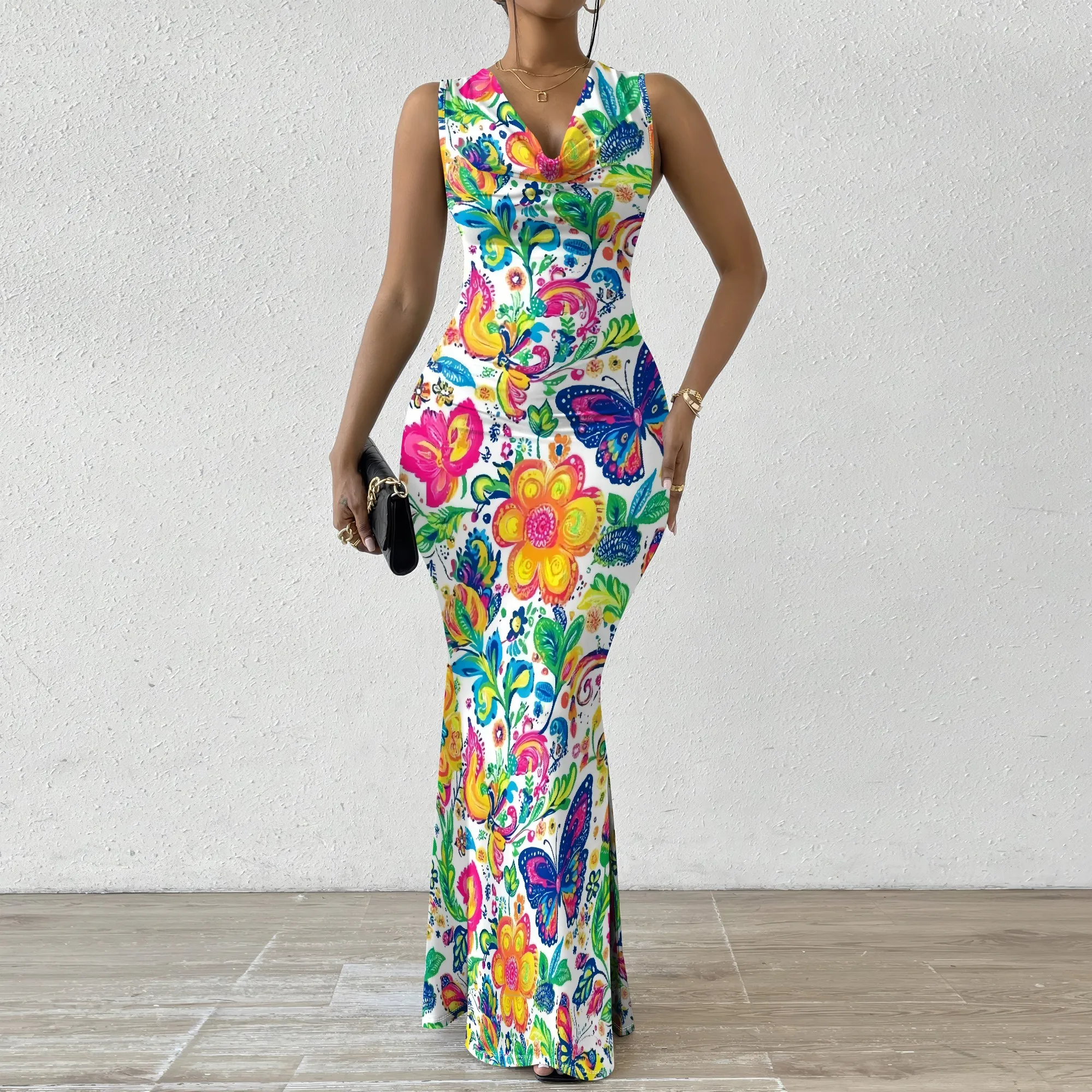 

Floral & Butterfly Print Bodycon Maxi Dress XS-2XL - Vibrant Dress for Spring Parties, Garden Events & Summer Festivals
