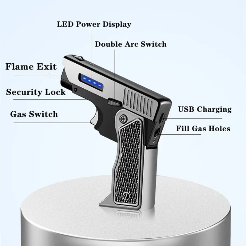 Folding Outdoor Windproof Metal Electric Gas Lighter Turbine Blue Flame Torch Jet Power Display Dual Arc USB Lighters Gun