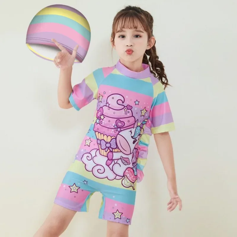 Hot Selling Cartoon Cute Children\'s Swimsuit One Piece Girl Short Sleeved Shorts Swimsuit Girl Conservative Swimsuit