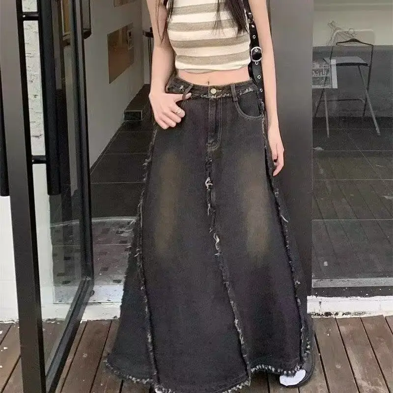 Y2K Fishtail High Street Cowboy Long Skirt Women American Retro Spice Girl Fashion Korean Version Loose Raw Edge Wide Leg Skirt