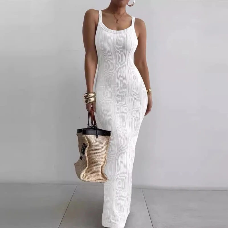 Casual Spaghetti Strap Long Dress Street Style Draped White Floor-Length Dresses Women 2026 Spring Summer Slim Office Lady Dress