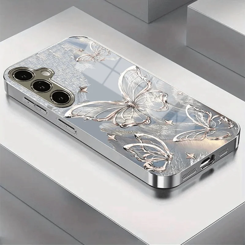 Golden Outline Butterfly Glass Case for Samsung Galaxy S26/S25/S24/S23 Ultra/S22 Ultra/S20 Ultra/56/A72/A73 Anti-drop protection