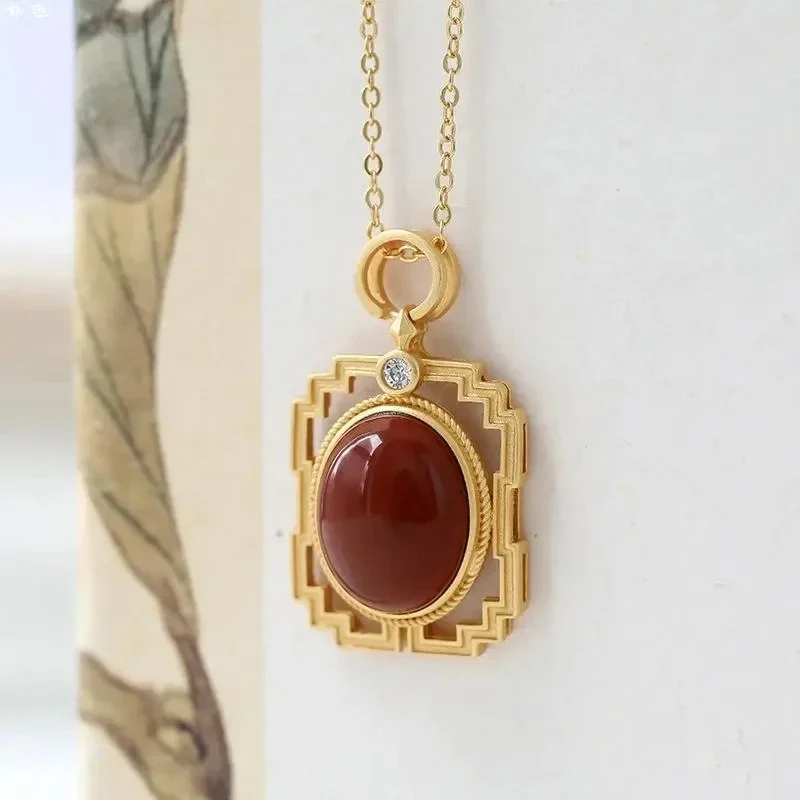 Original enamel southern red oval craftsmanship niche design diamond hollow palace style ladies Necklace for Women pendant