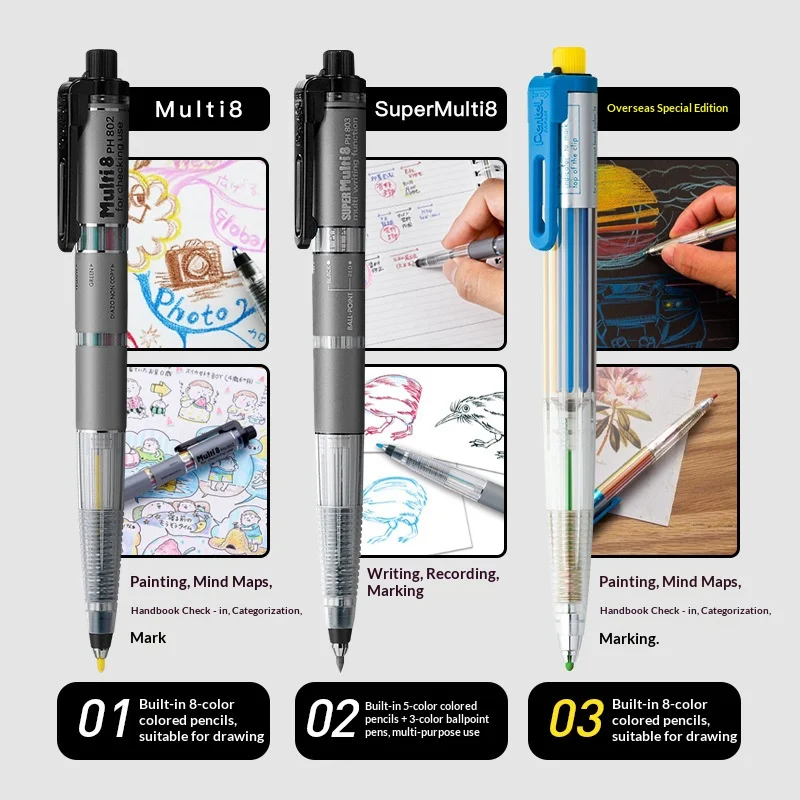 Pentel Super Multi-Function Pen Multi8 Kolorowy ołówek automatyczny / 5 ołówków + 3 długopisy Wymienny wkład Łatwy do przenoszenia dla uczniów/artystów — zdjęcie produktu 5