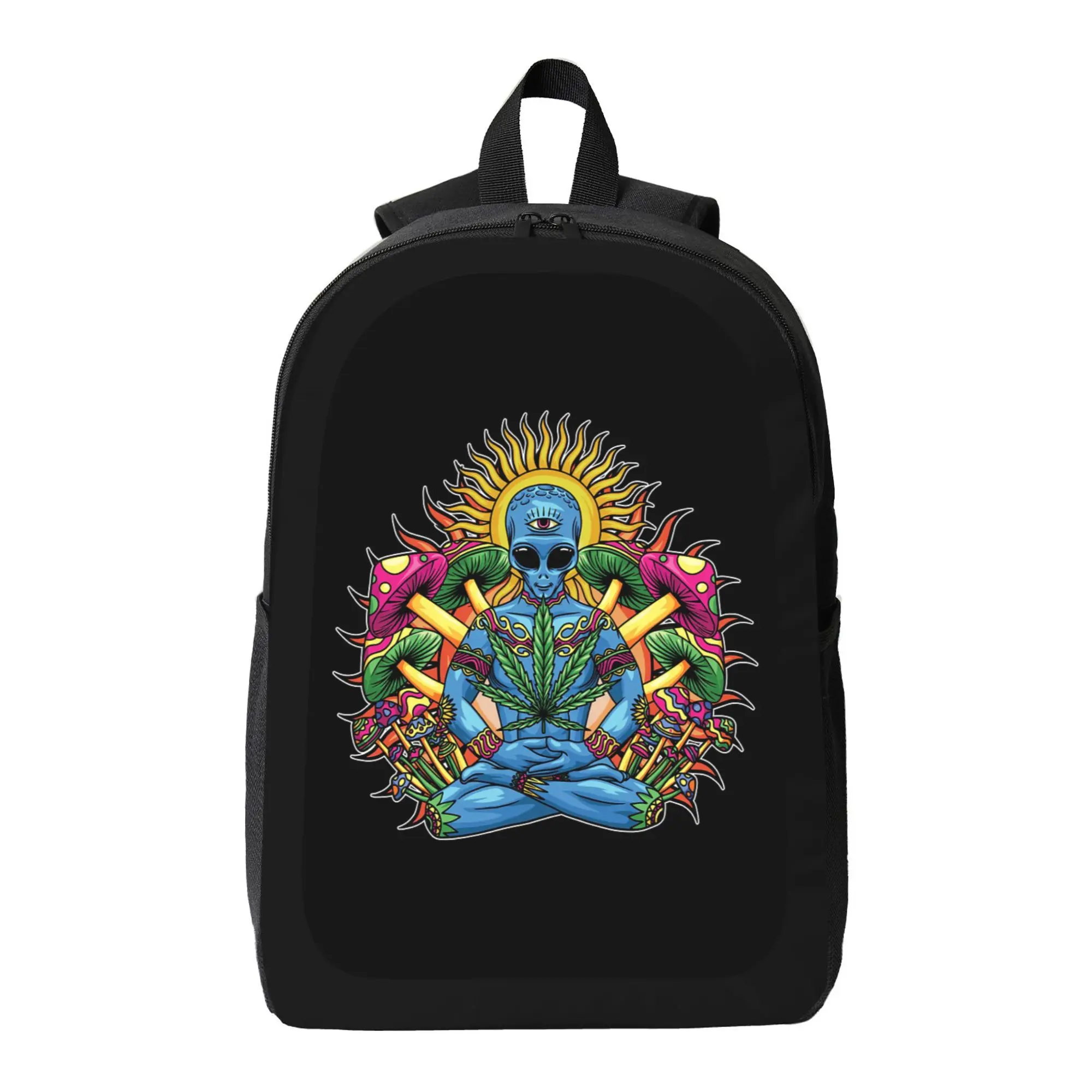 

Extraterrestrial themed gothic print backpack with meditation alien and chakra design - large capacity school bag