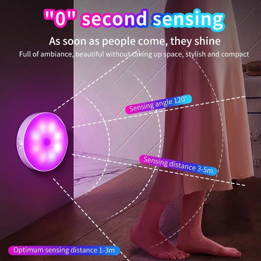 USB قابلة للشحن RGB محس حركة ضوء الليل اللاسلكية المغناطيسي LED خزانة مصباح اللون تغيير عفريت ضوء لمقصورة المطبخ