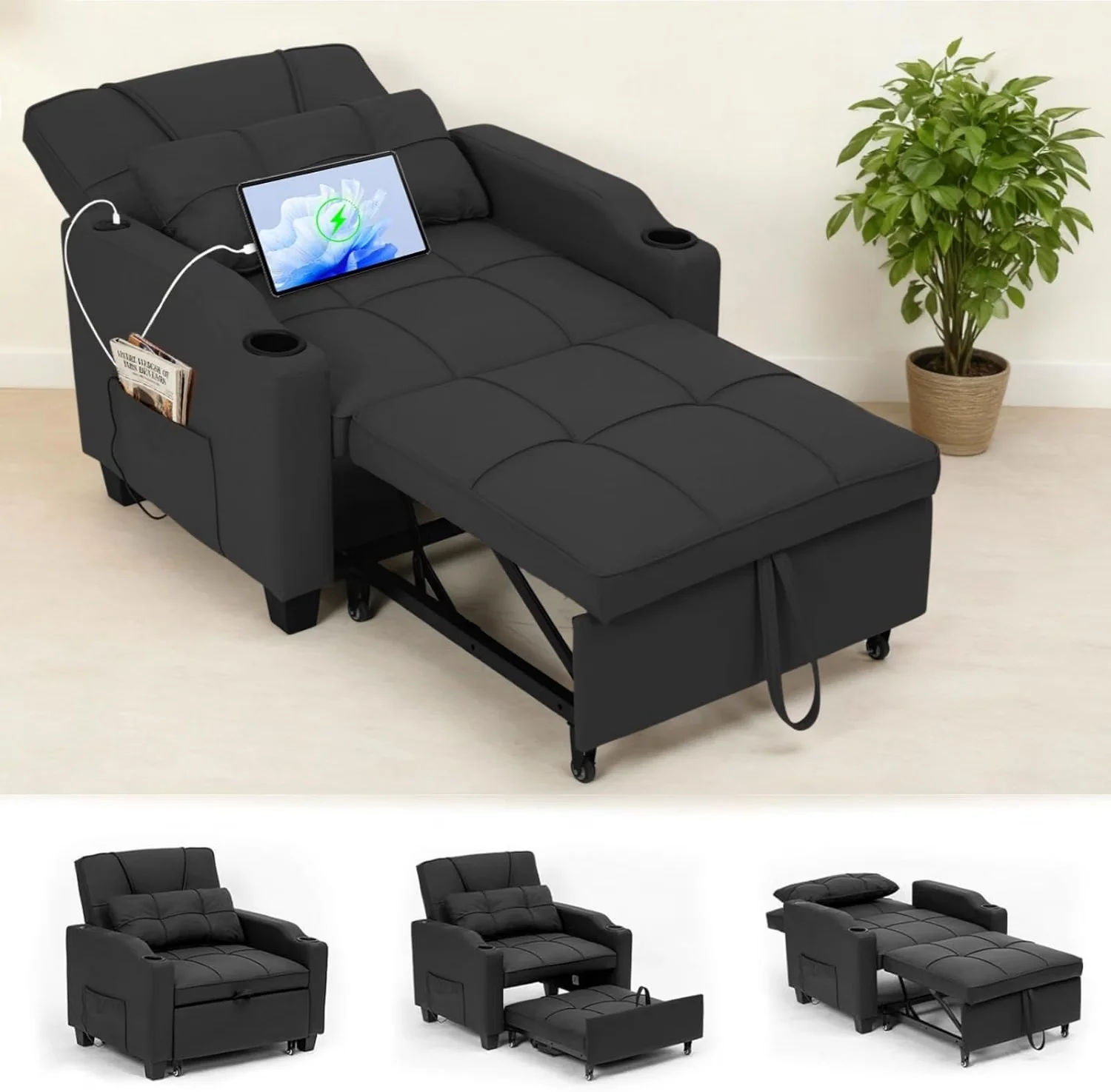 4 in 1 Convertible Sleeper Chair, Pull Out Sofa Bed with Vibration Massage Lumbar Pillow, Single Sofa Chair Recliner with USB & Type-C Ports, Cup Holders & Side Pocket for Small Spaces