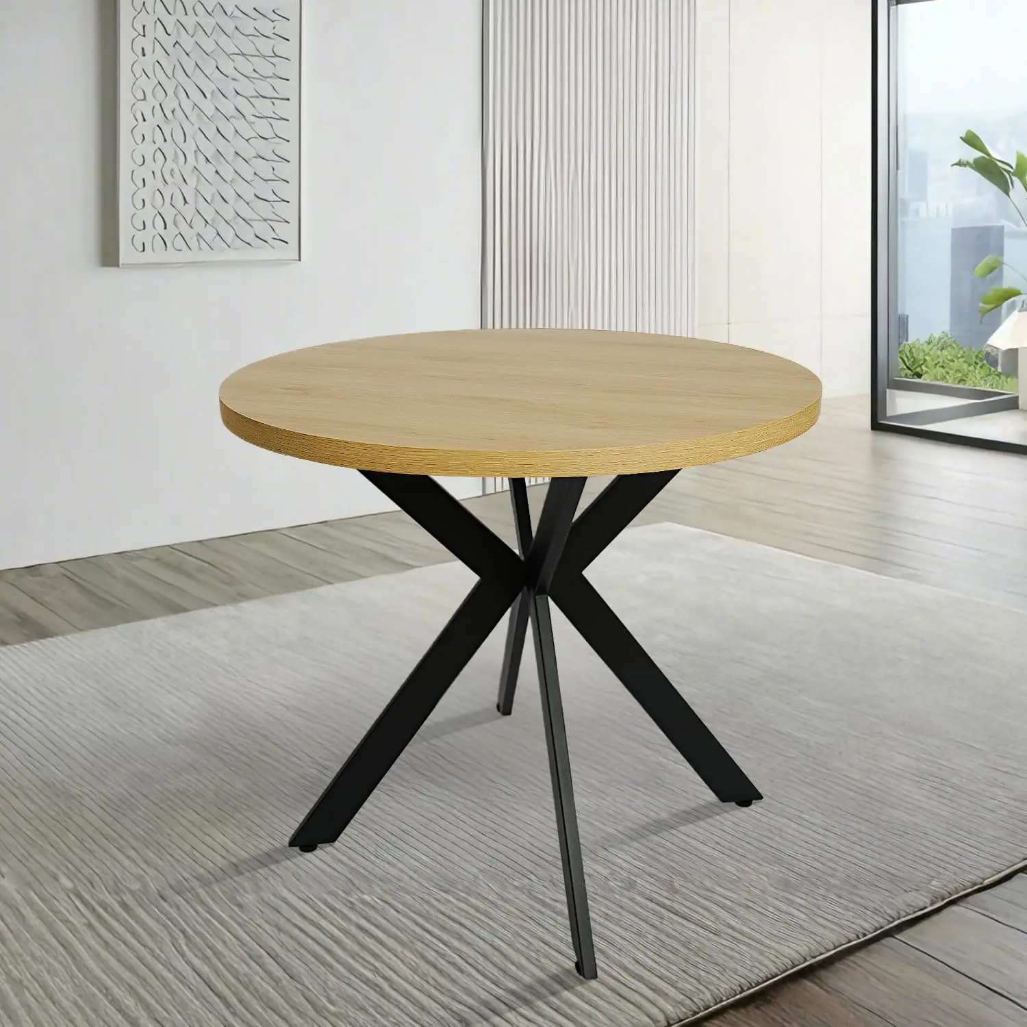 

31.5" Round Dining Table Steel Legs Mid Century Modern Kitchen Cafe Space-Saving Teak, Customized