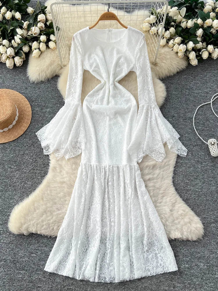 

Women White Evening Dress Elegant Long Sleeve Luxury Lace Trumpet Dress Vintage Birthday Party Dress Y2k One Piece Frocks Autumn