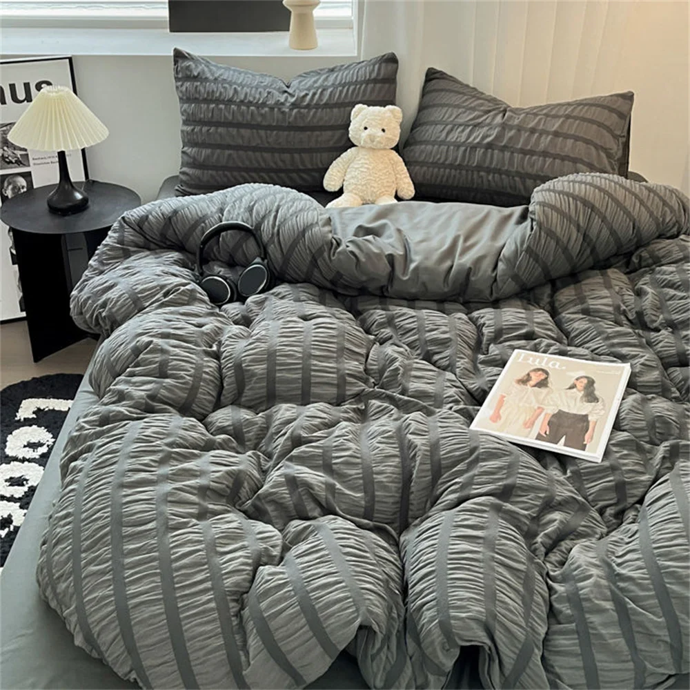 Nordic Grey Seersucker Bedding Set NO Filler Solid Color Duvet Cover Flat Sheets Pillowcase Soft Comforter Cover for Adults Boys