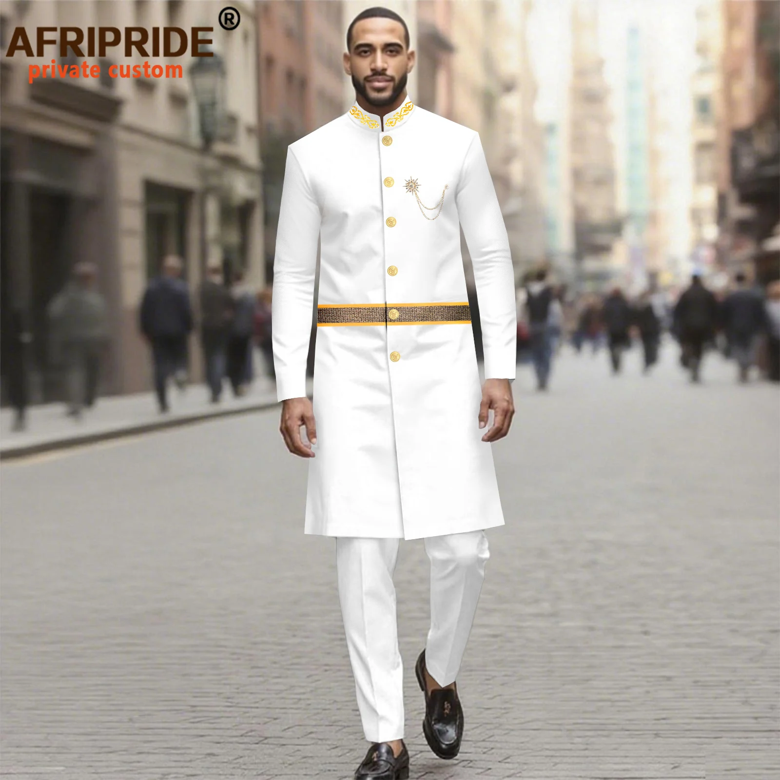 

Африканский костюм для мужчин Дашики, длинные куртки и брюки, комплект из 2 предметов, однобортный, с вышивкой, облегающий, официальная одежда, пальто 2516086