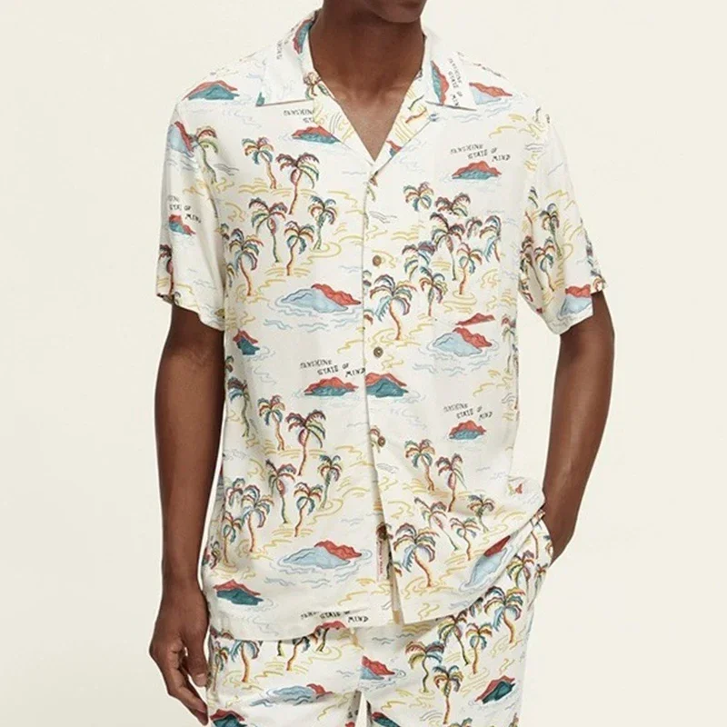 

Рубашка мужская с коротким рукавом, Пляжная Повседневная Свободная дышащая тонкая сорочка с отложным воротником, винтажная с графическим принтом, лето