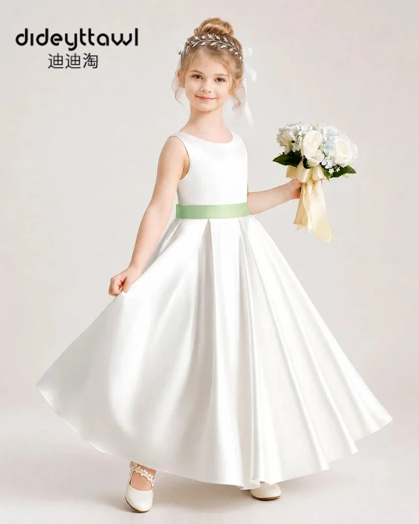 Sleeveless Satin Flower Girl Dress Multi‑Color Big Bow VBack Floor Length Gown Wedding ForFirst Communion Pageant Formal Party