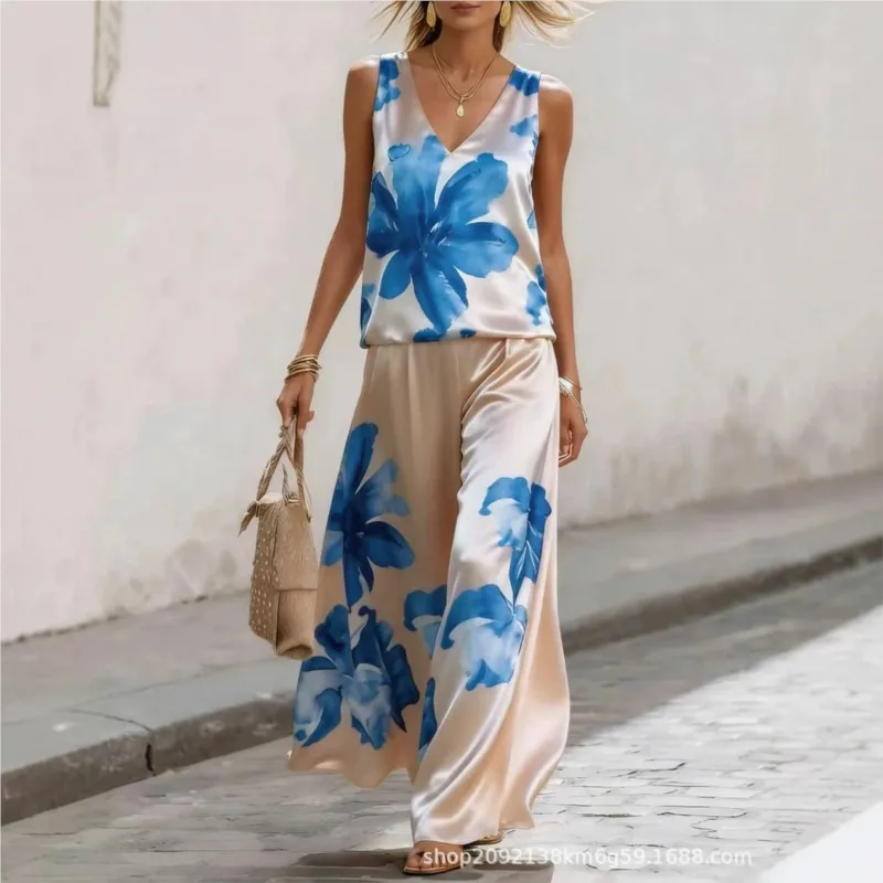 

Retro Floral Print Satin 2-Piece Set Sleeveless Tank Top+Wide Leg Pants Set Loose Causal Streetwear Summer Clothes for Vacation