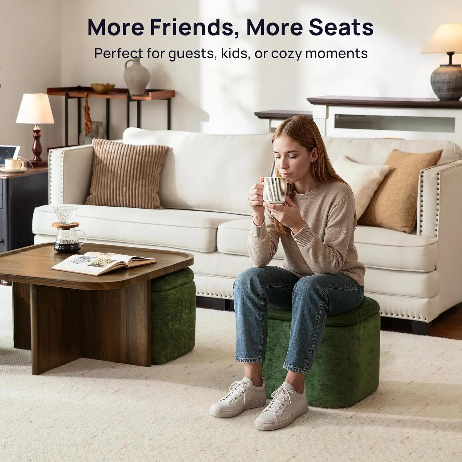 Mesa de centro cuadrada pequeña con almacenamiento, mesas de centro modernas de mediados de siglo con 4 otomanas de chenilla debajo, mesa central para L