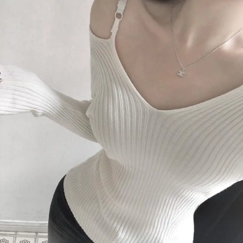 Jersey de punto con cuello en V y hombros descubiertos para mujer, Jersey calado en la espalda para otoño e invierno, jerséis de manga larga lisos y versátiles