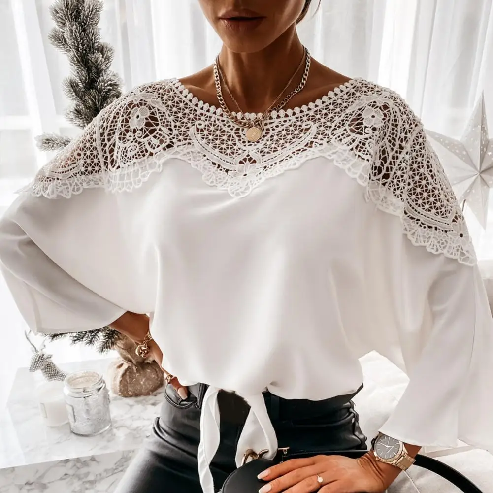 

Women Top Crochet Embroidery Lace Blouse Three Quarter Sleeve Lace Stitching Shirt Solid Color Lace Up Loose OL Style T-shirt