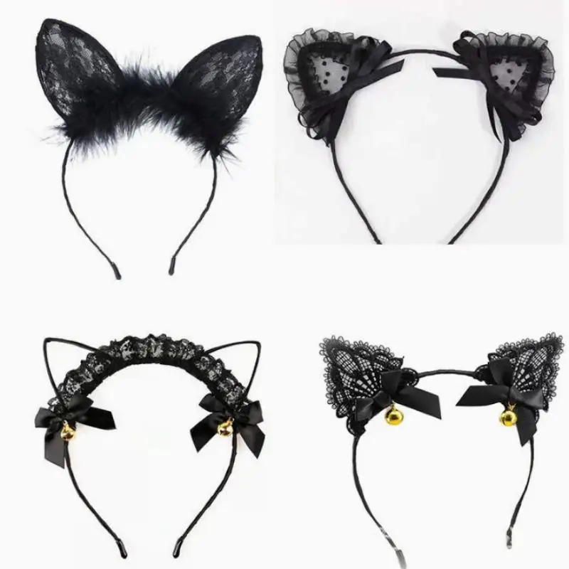 

1Pc Black White Cat Ears Head Bezel Sweet Hollow Out Lace Hairband For Women Girls Party Masquerade Cosplay Decor