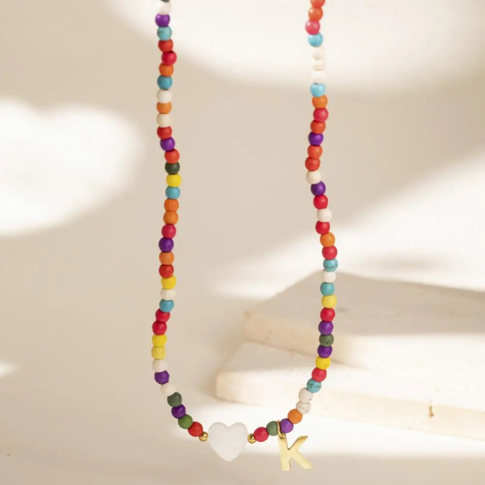 Extension Chain Necklace Bohemian Style Colorful Beads Necklace with Letter Pendant Heart Decor Adjustable Length for Women