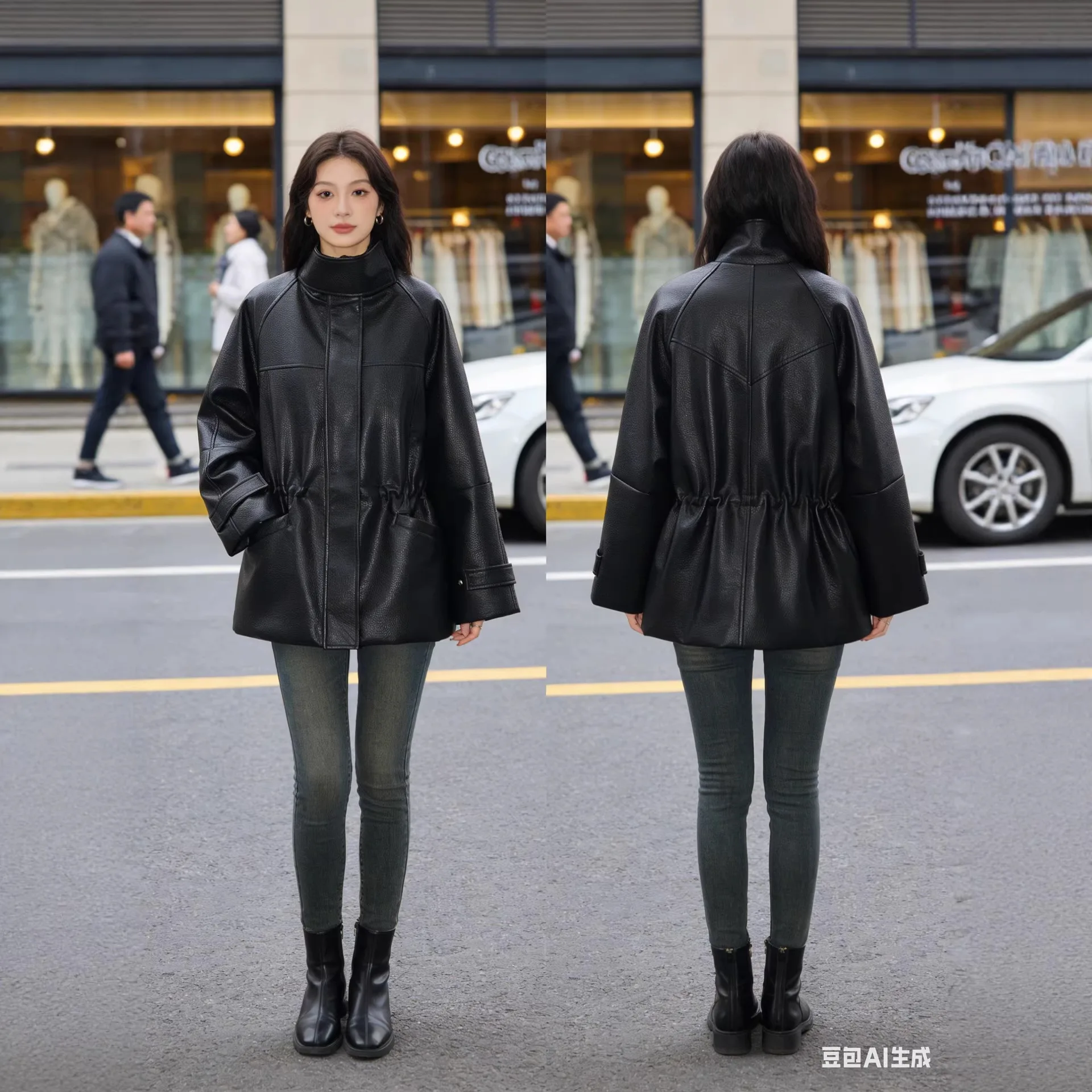 2026 Winter New Women's Retro Casual Fashion Simple Versatile Loose Adjustable Waist Stand Collar CX Leather Jacket