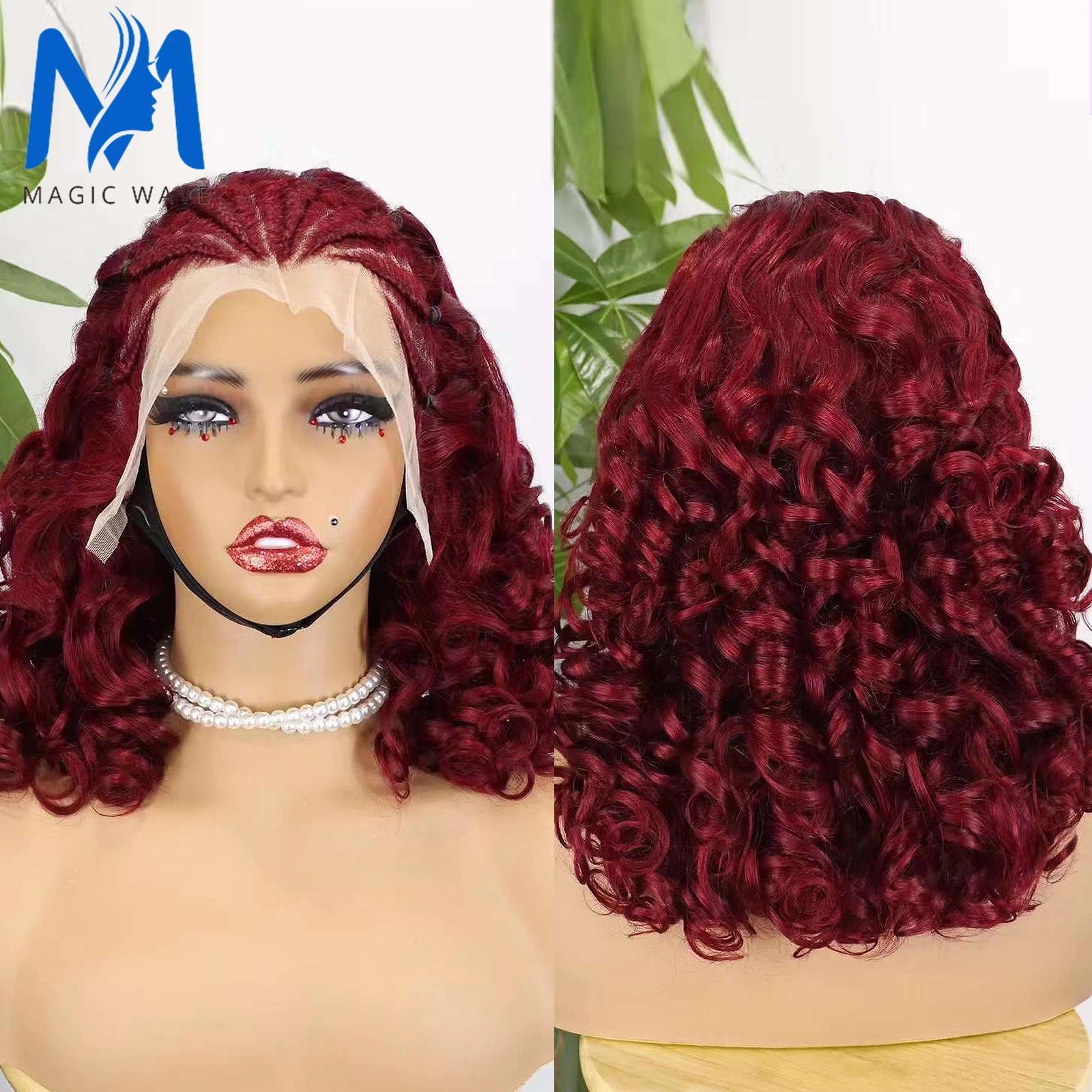 

250% Density 99J Burgundy Loose Wave with Braids Human Hair Wigs for Black Women 13x4 Lace Frontal Bouncy Curly Human Hair Wig