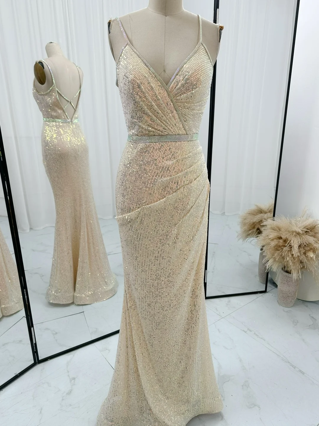 Champagne Color Suspender Tube Top Sequins Light Luxury High -Level Mermaid Dress M1300