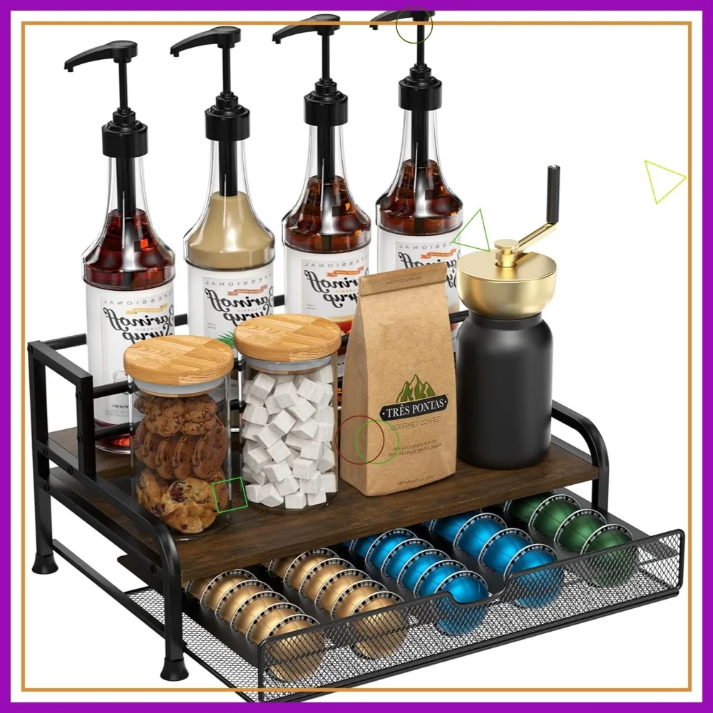 

Трехуровневая подставка-органайзер для кофейных сиропов с выдвижным ящиком для капсул, вмещает 8 бутылок и до 40 капсул, для кухонной столешницы