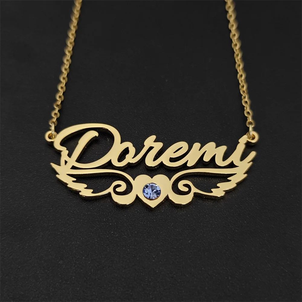 2023 Personalize Angel Wing Birthstone Name Necklace Custom Colorful Zircon Necklace Stainless Steel Women Jewelry Gifts