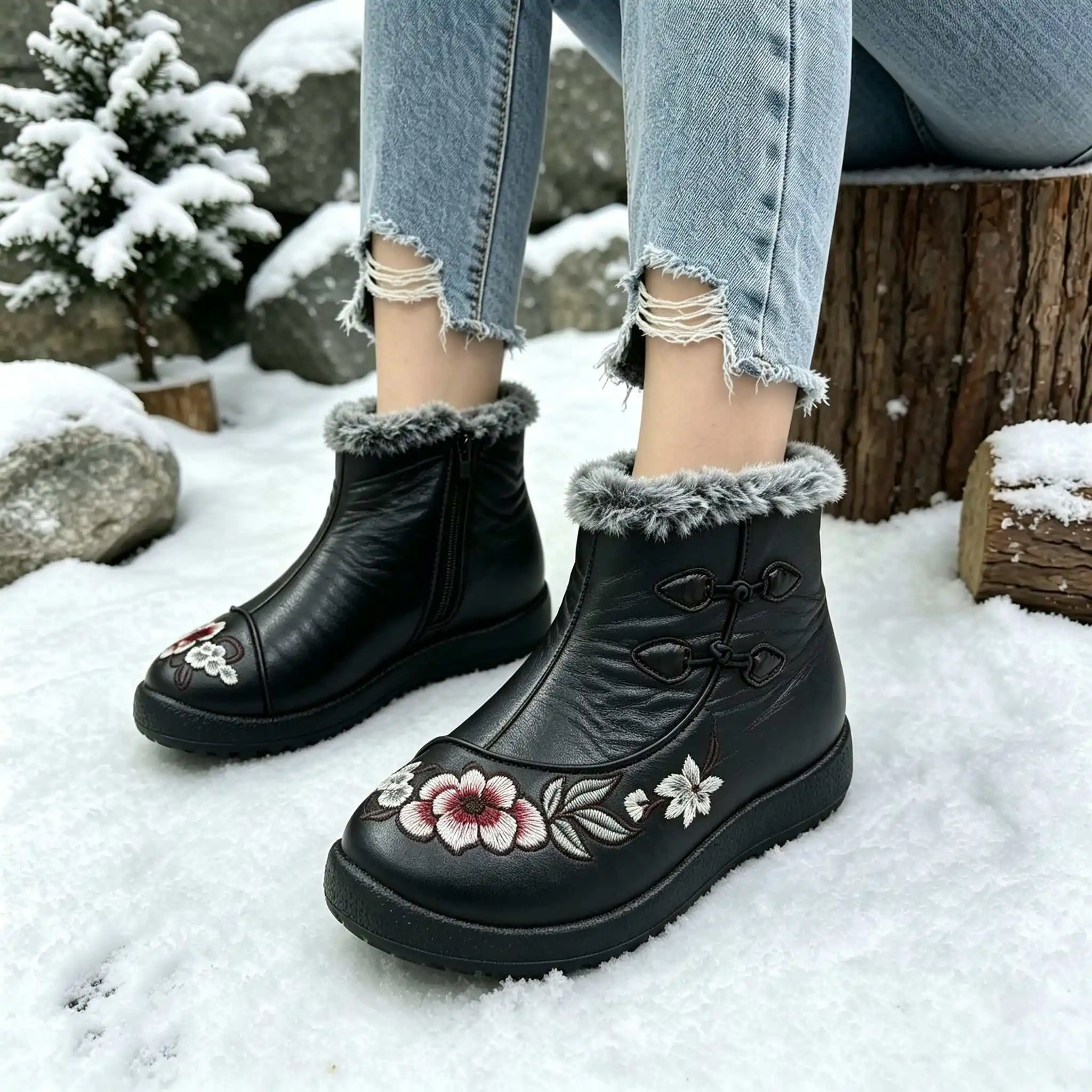 Winterstiefel für Damen mit ethnischer Blumenstickerei, Kunstleder mit gepolstertem Futter, warm und bequem, lässiger Stil, Schneestiefel. – Detail 11