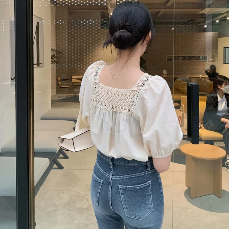 Vintage Puff Sleeve Women Blouses Fashion Summer Square Neck Half Sleeve Lace Loose Casual Tops