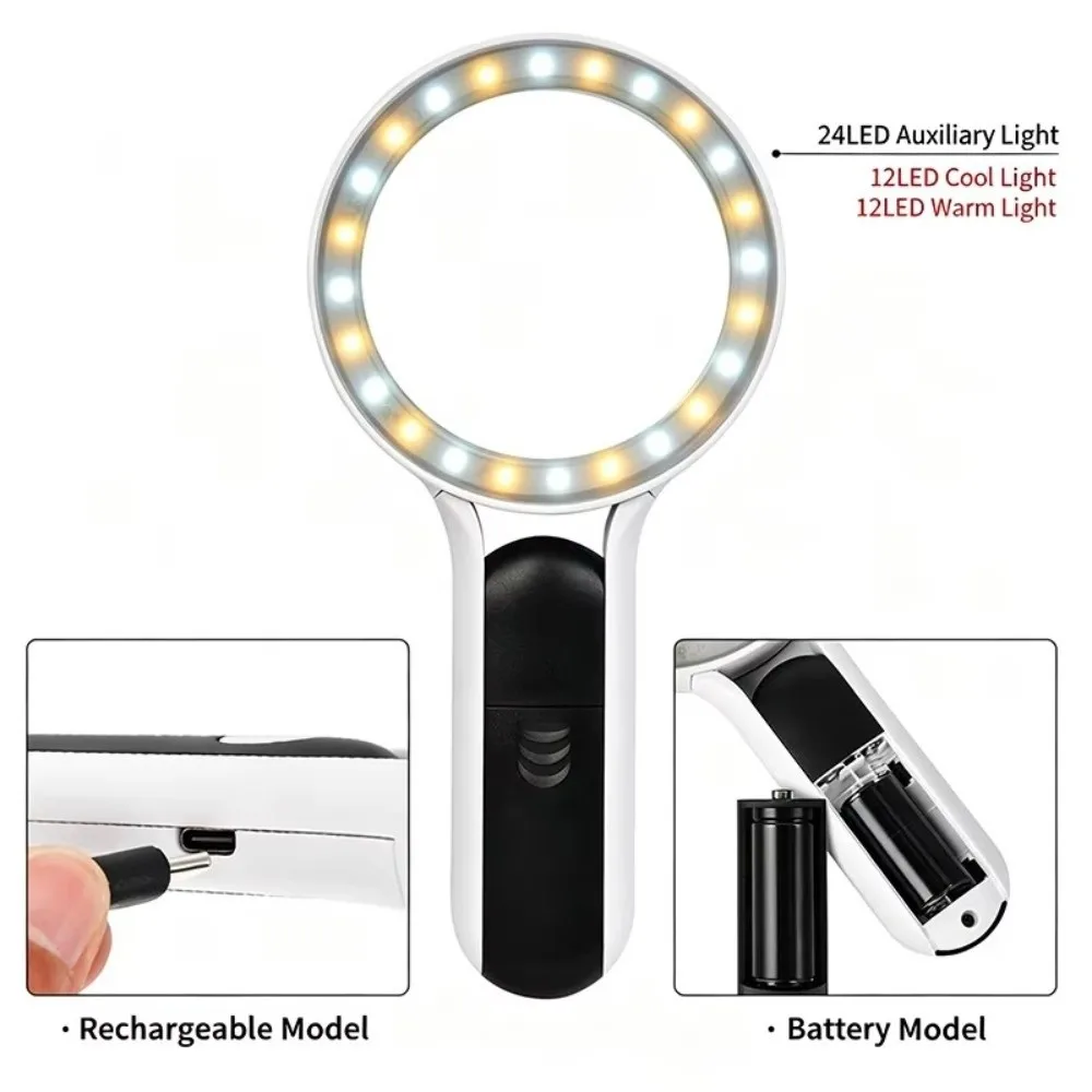 30X Magnification Handheld Magnifier 3 Lighting Modes 24 LED Lights Rechargeable Magnifier Rechargeable Built-in Light