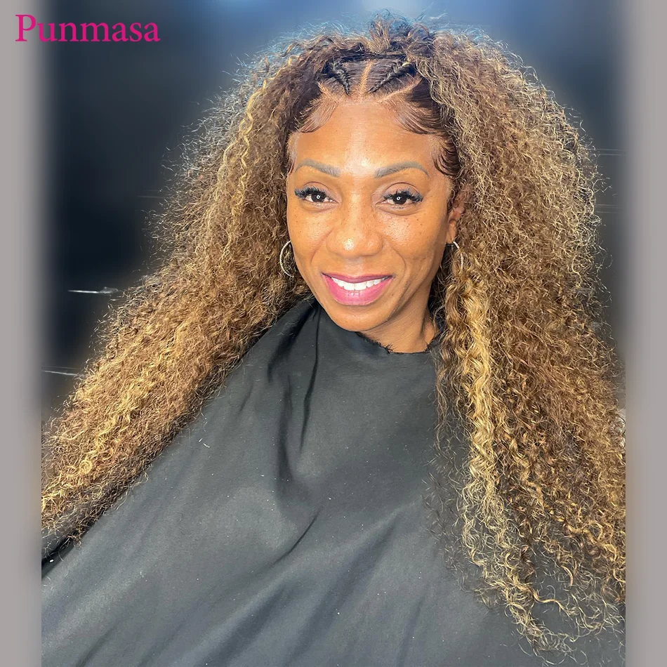 Punmasa 4/27 Highlight Omber Color Curly Wave Peruvian Remy Glueless 200% 13x4 Transparent Lace Frontal Wig 13x6 Lace Front Wig