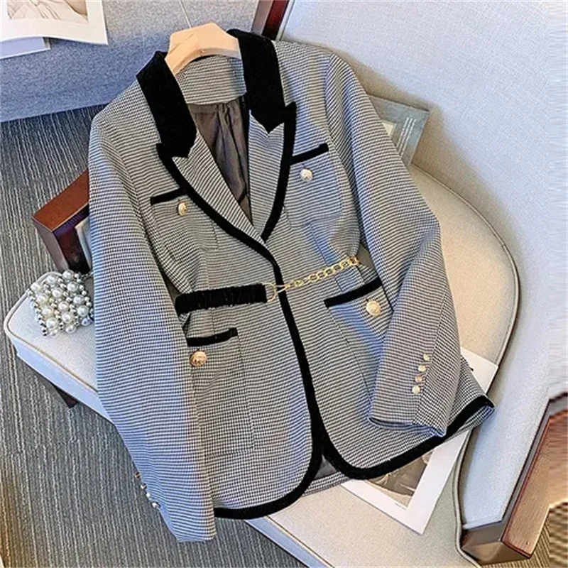 Fashion Korean Plaid Blazer Jacket For Women Autumn Winter 2024 New Vintage Long Sleeve Patchwork Casual Coat Female Clothing