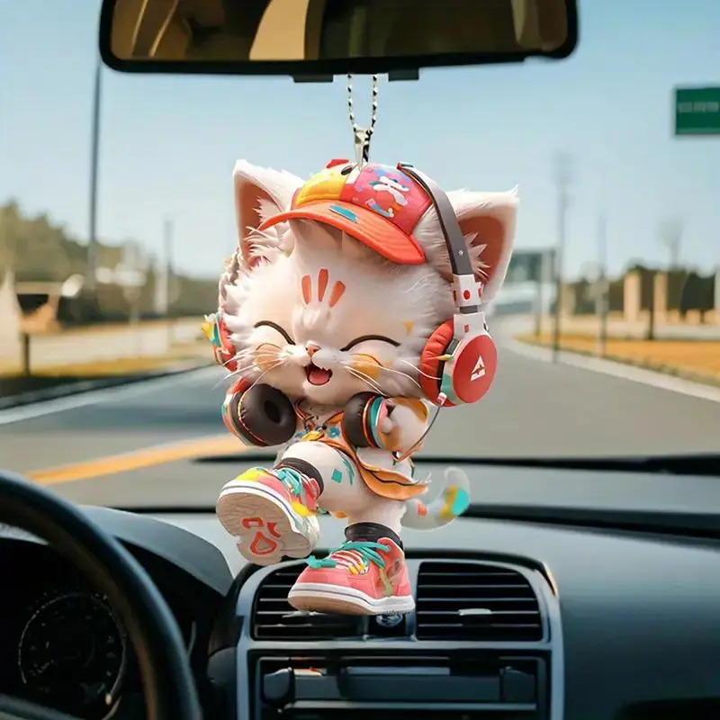 Cat Car Pendant Car Kitten Wearing Headphone Rearview Mirror Accessories Cute 2D Acrylic Animal Pendants For Christmas Tree Car