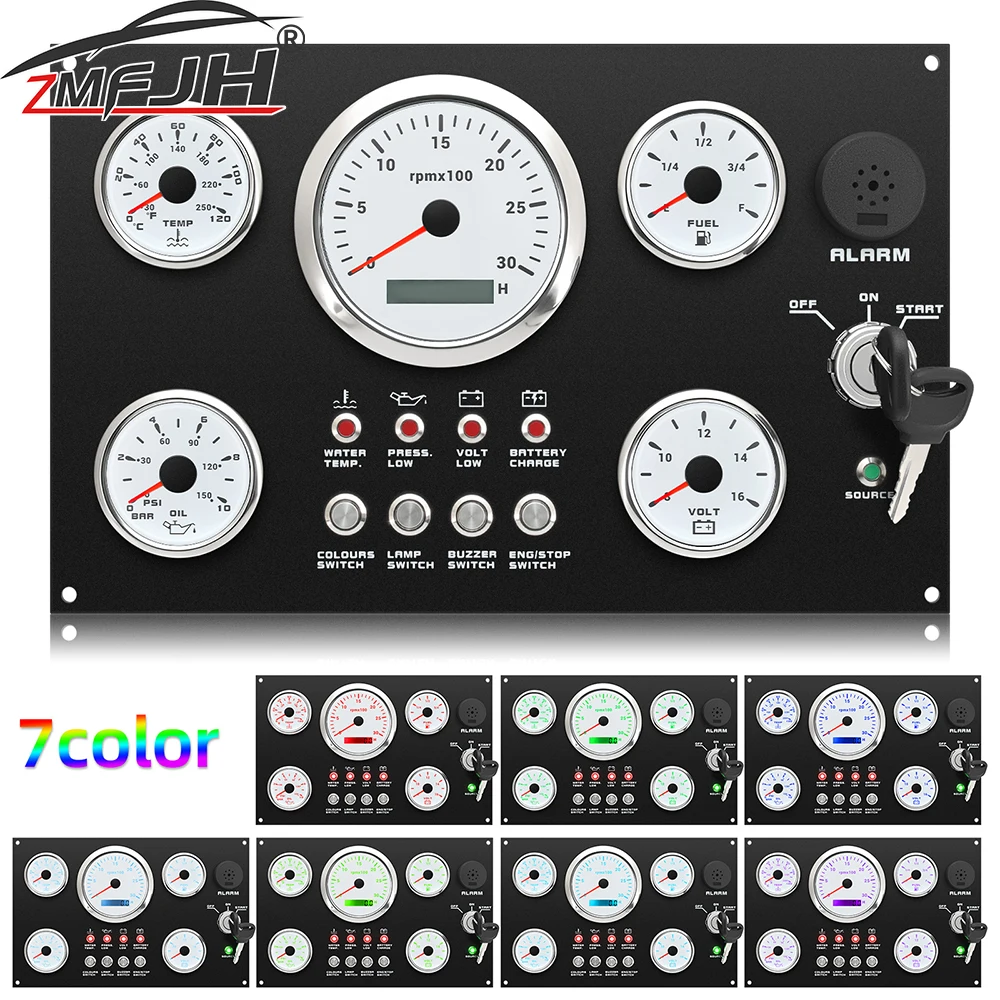 

5 Gauge Set Marine Boat Dashboard 3000-8000 RPM Tachometer Water Temp Fuel Level Oil Press Voltage With 7 Color LED Backlight