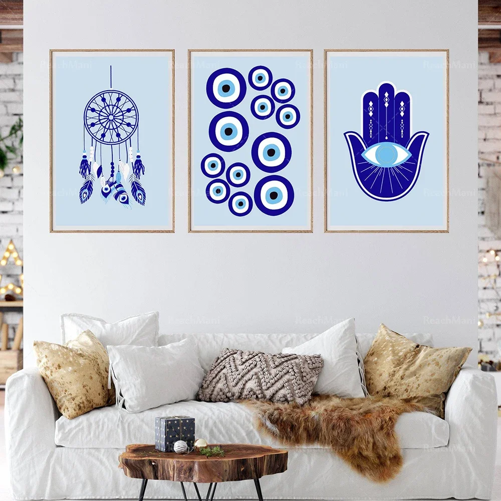 Trendy Evil Eye Art Gift, Hamsa Handprint Poster Print, Blue Gallery Wall Decor, Spirit, Preppy Decor