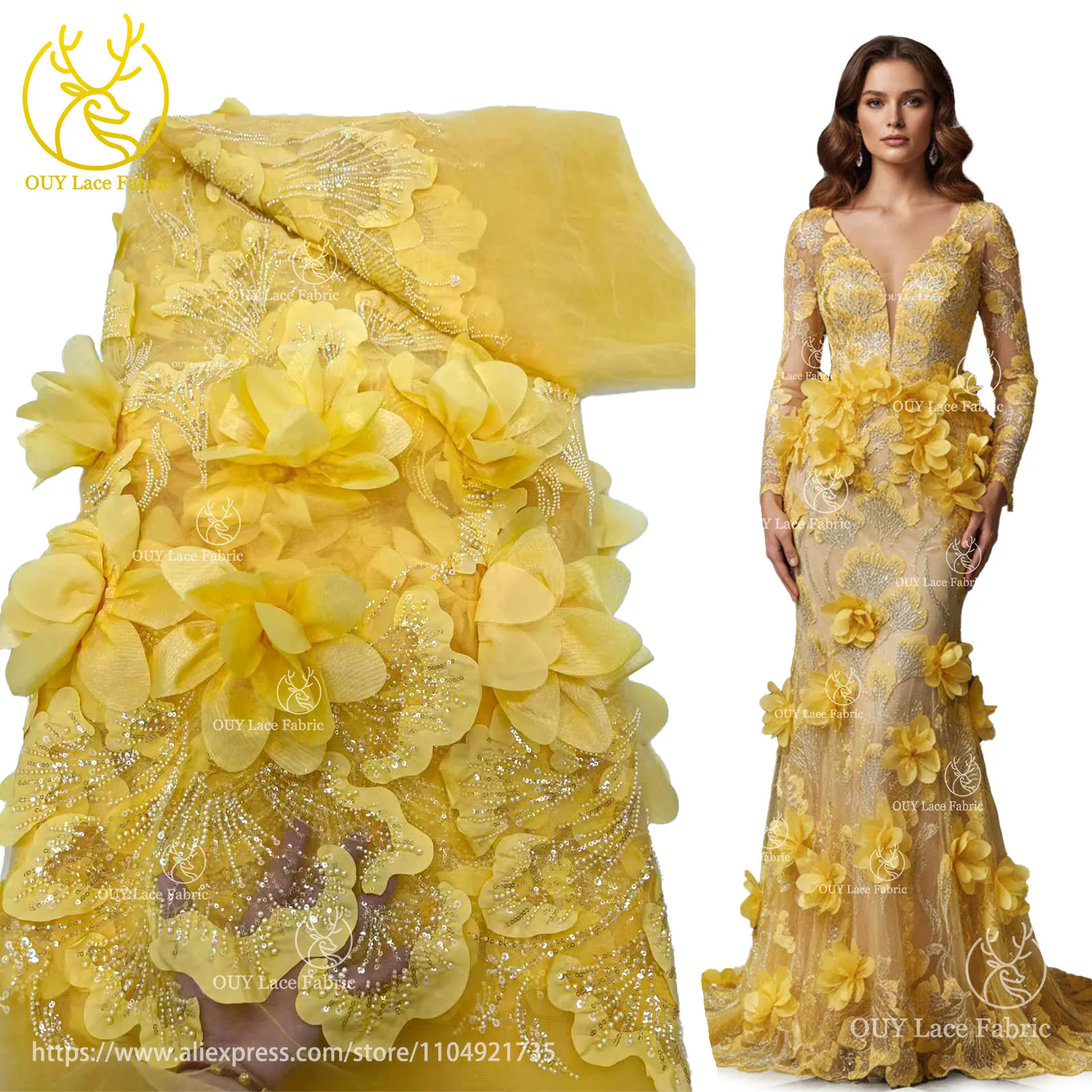 

3D Floral African Bridal Beaded Lace Fabric 2025 Latest French Nigerian Sequin Lace Fabric Bridal Wedding Dress Sewing Material